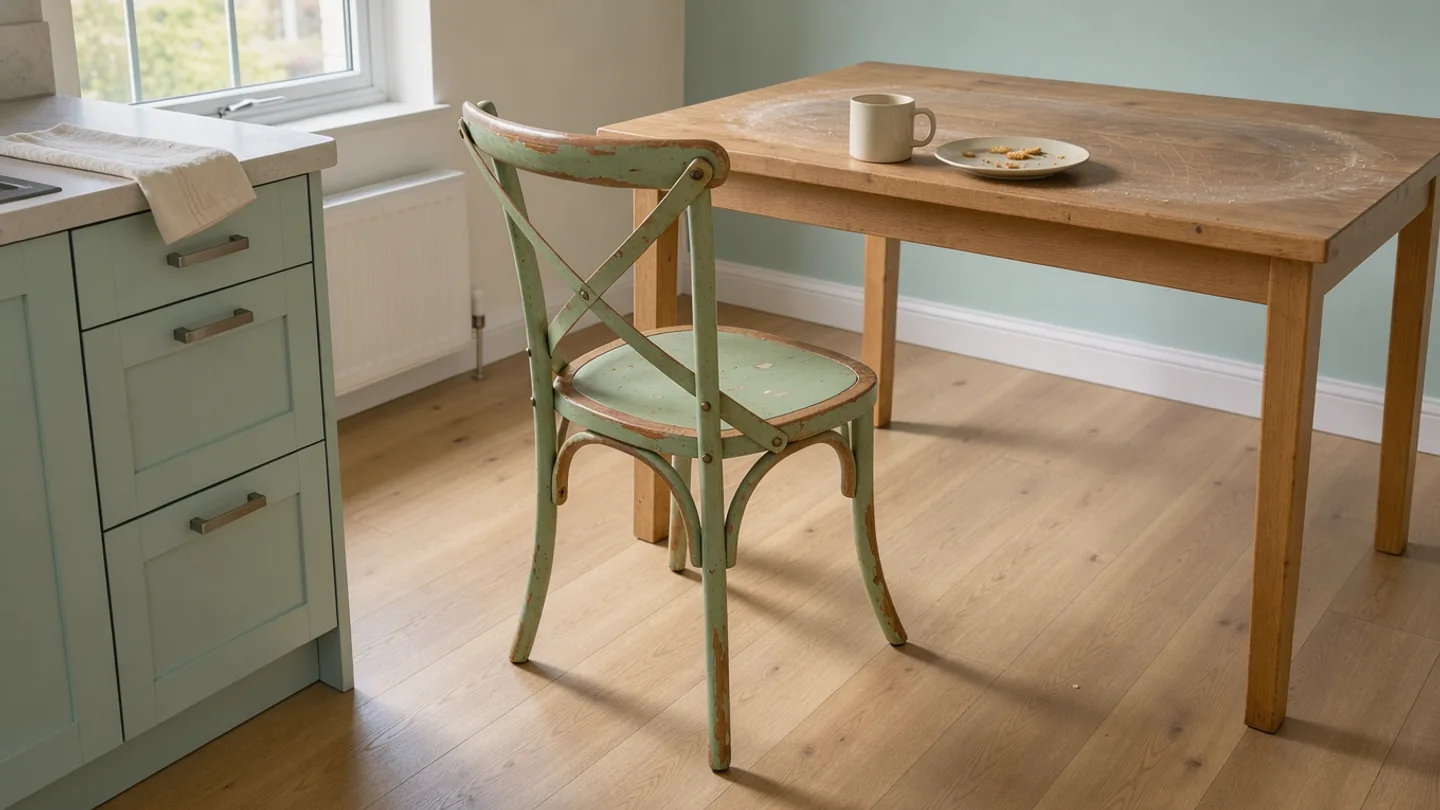 An empty breakfast chair, a mug and a few toast crumbs on a table in gentle side light.