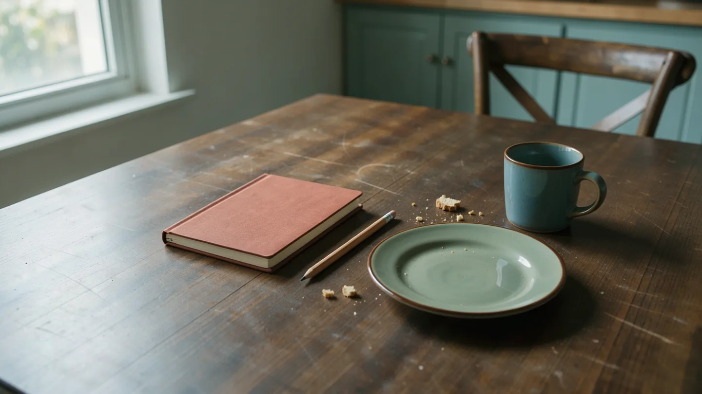 A closed unmarked notebook and a pencil beside a mug on a partly cleared breakfast table.