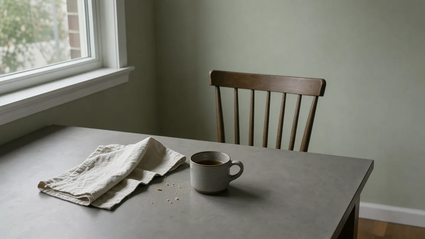 A plain mug and a folded breakfast cloth on a cleared table beside an empty chair.