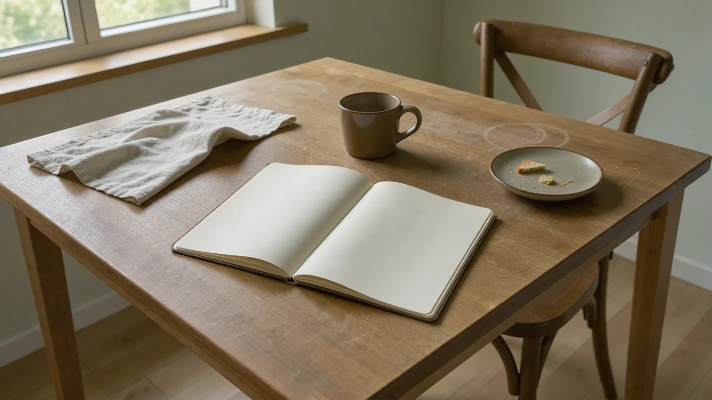 A mug, a blank open notebook and toast crumbs on a breakfast table, with the chair pushed back.