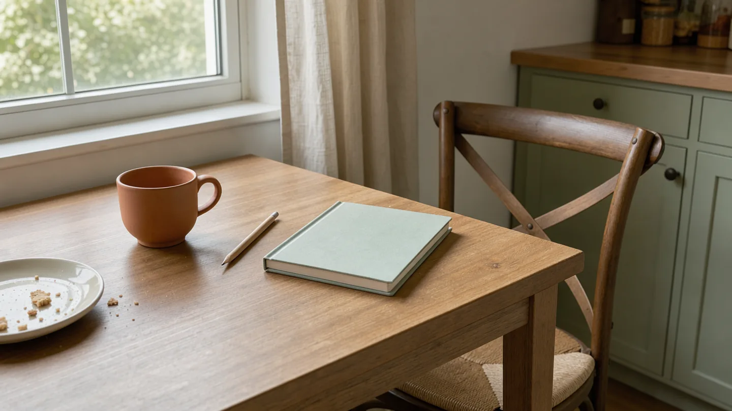 An unmarked notebook and pencil beside a breakfast mug, with an empty chair at the table.