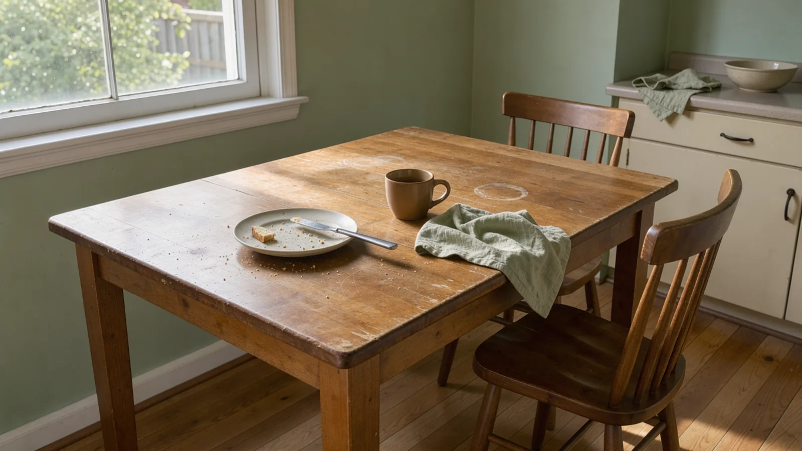 Toast crumbs on a small plate beside a mug, with an empty kitchen chair in soft morning light.