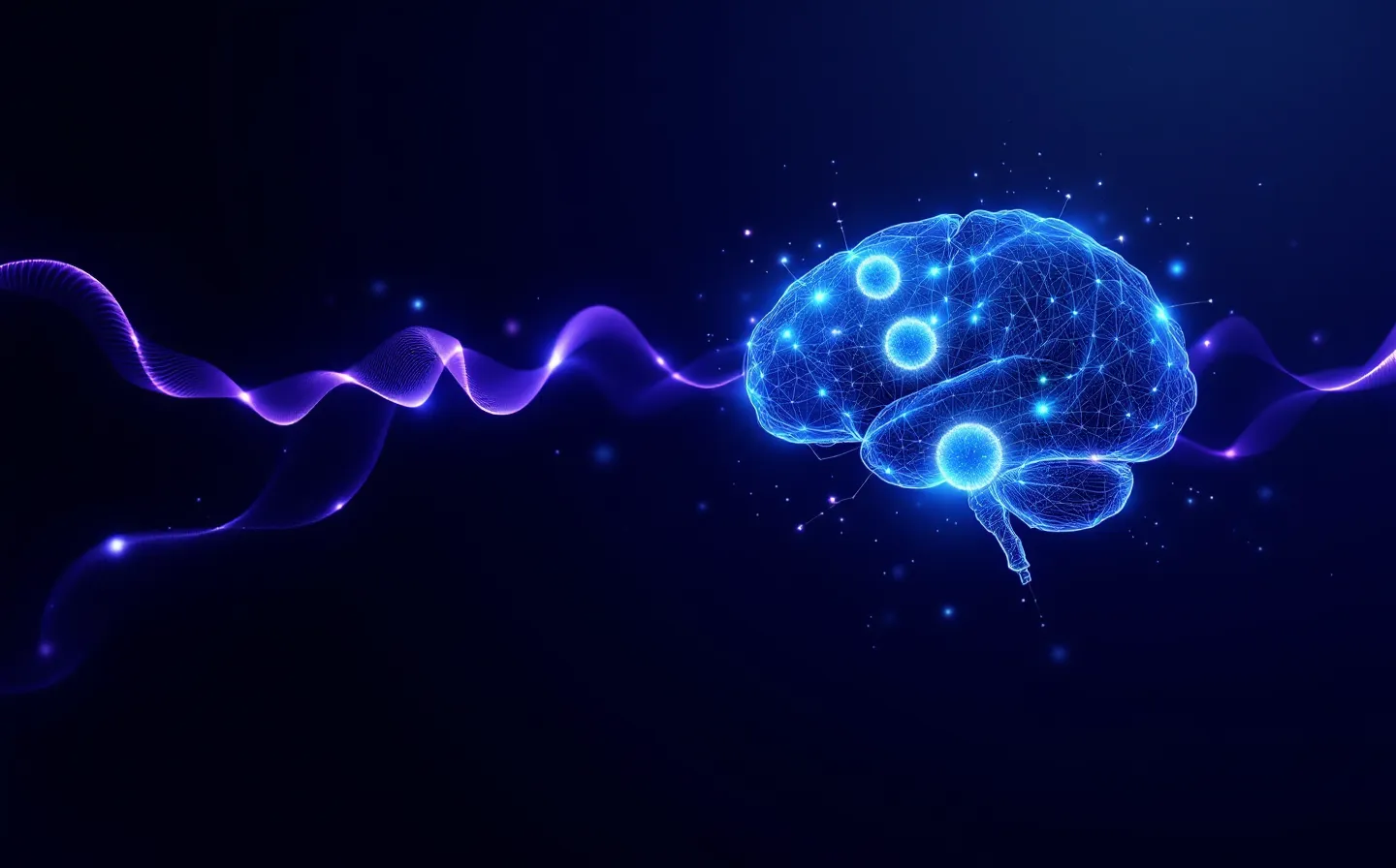 Abstract violet signal pathway flowing from a peptide-chain wireframe into glowing blue brain-region nodes on a dark grid canvas